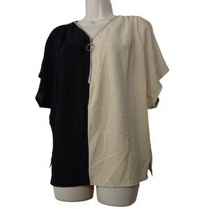Shein Black Beige Color Block V-Neck Zipper Top Women Size M US 6 Short Sleeves